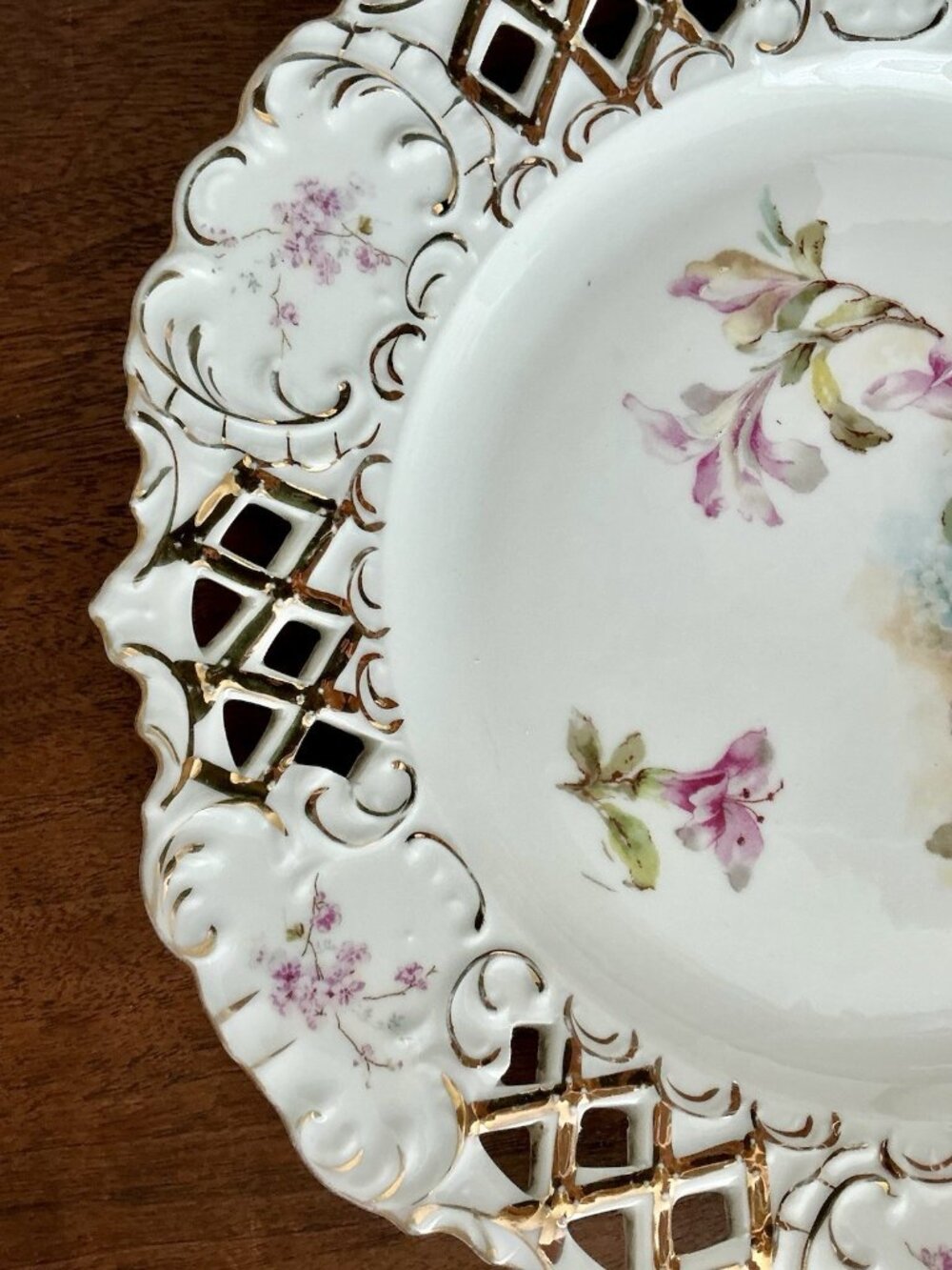 Antique Pierced Porcelain Plate Apple Blossom Floral Gold Gilt 10in - Picture 13 of 16